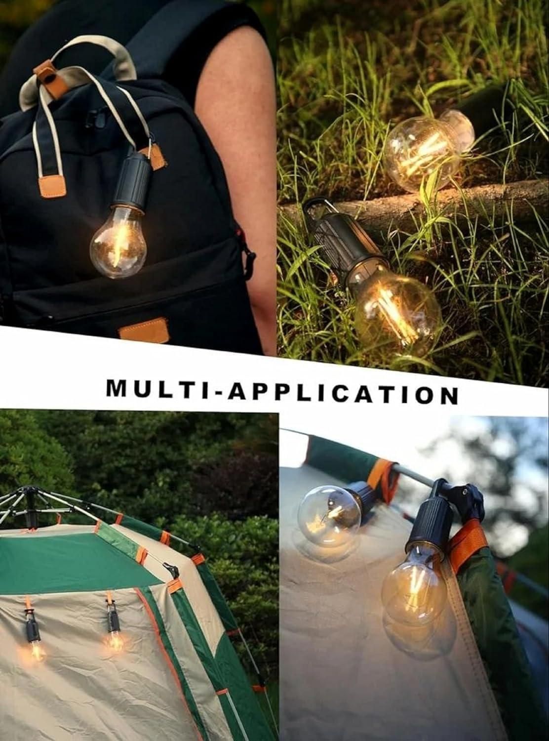 Collage of LED light bulbs in use, including a backpack, camping setup, and outdoor scene.